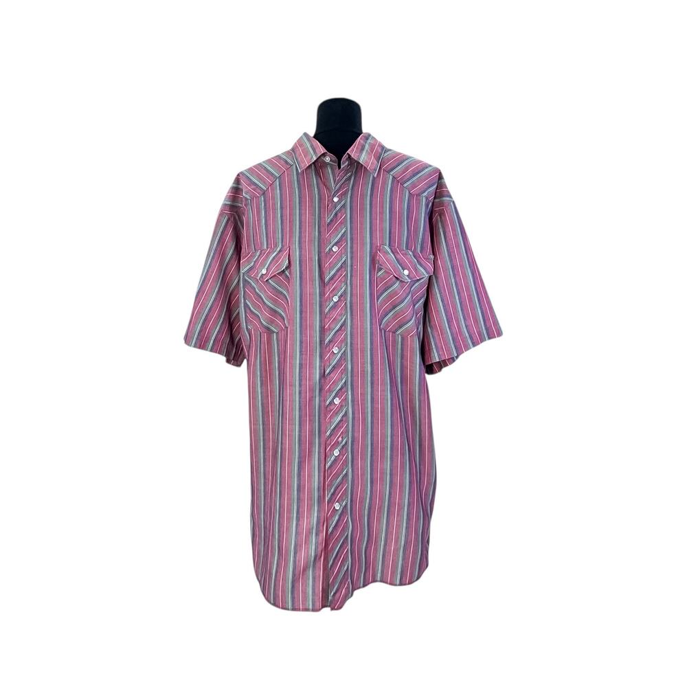 Wrangler Pearl Snap Red Striped Western Short Sleeve Button Up Shirt Men’s 2XL